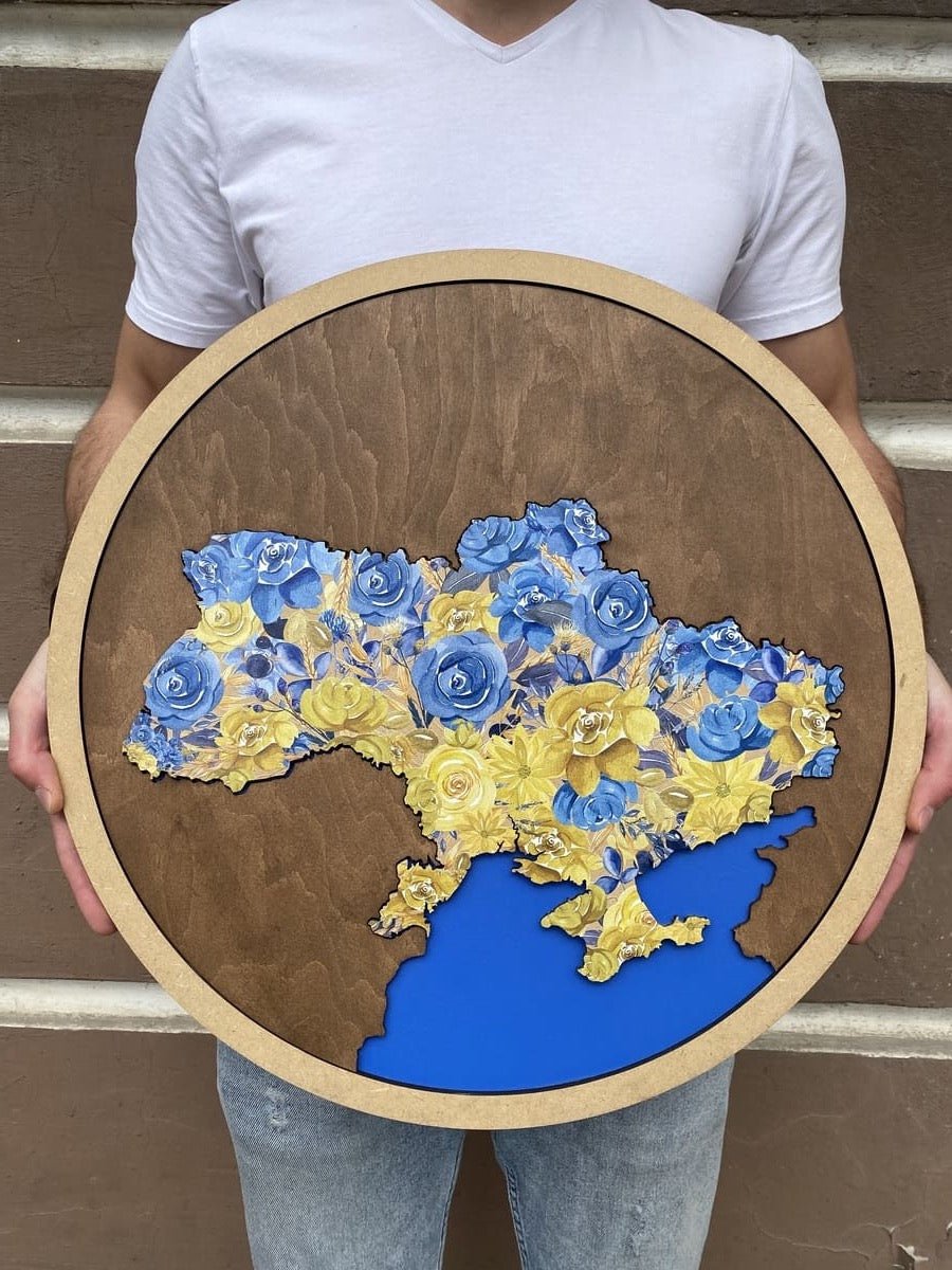 Дерев'яна карта України (кругла одношарова) з малюнком квітів - Gisolo