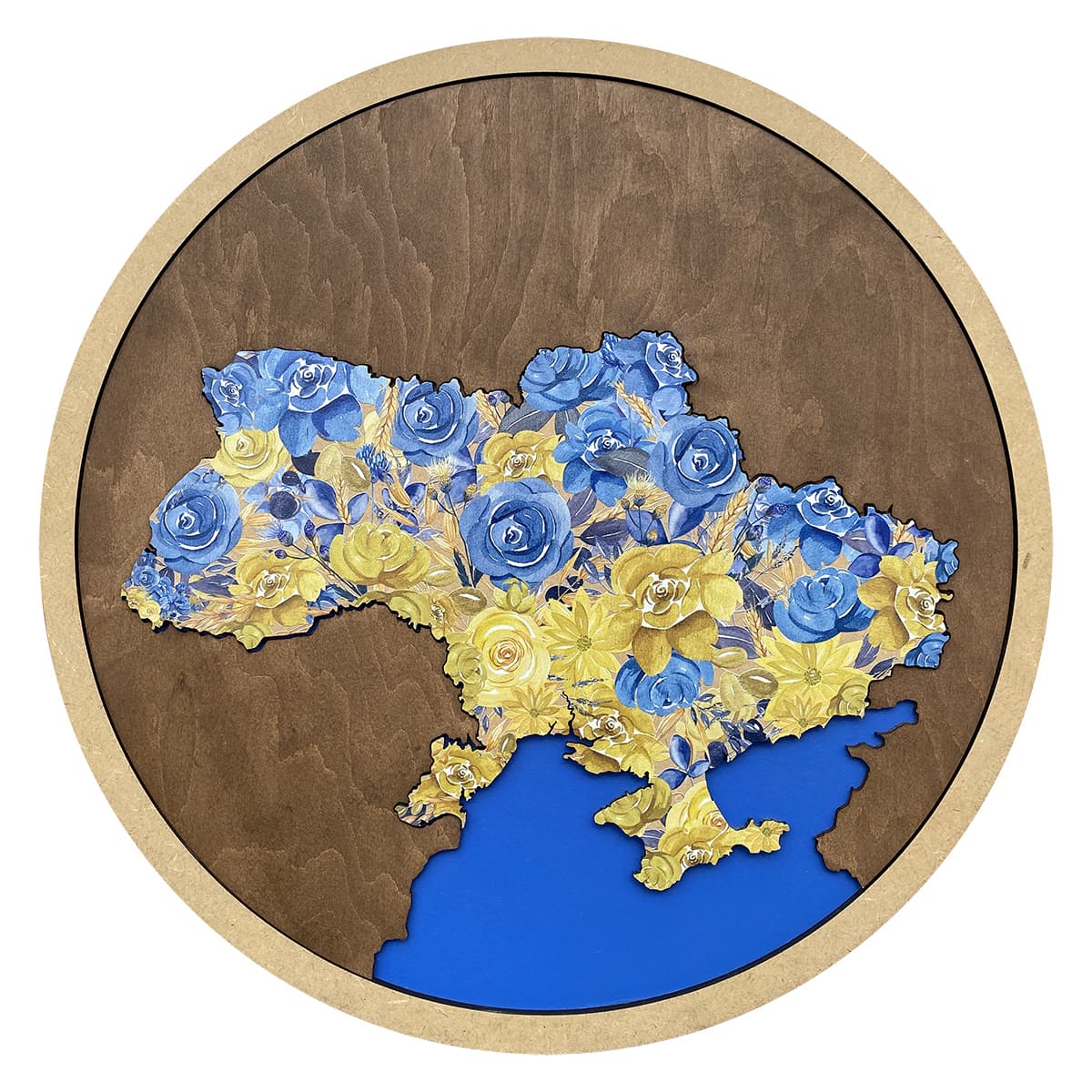 Дерев'яна карта України (кругла одношарова) з малюнком квітів - Gisolo